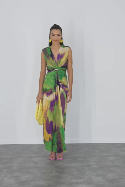 SLEEVELESS TWIST WRAP MAXI DRESS IN GREEN TIE DYE PRINT