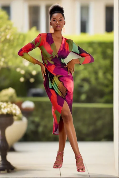 FOREVER LONG SLEEVE WRAP MIDI DRESS IN FUCHSIA TIE DIE PRINT