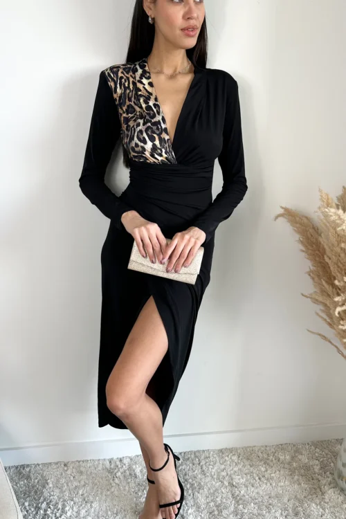 LEOPARD BLACK COLOUR BLOCK WRAP MIDI DRESS