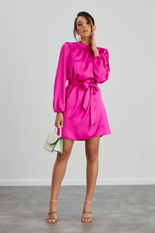 HIGH NECK LONG SLEEVE SATIN WRAP MINI DRESS IN PINK