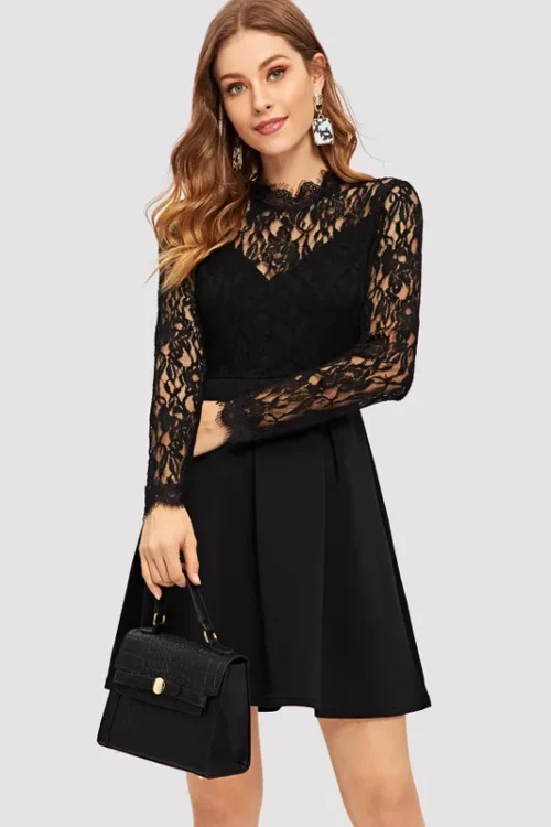 Women’s Lace Dress Fashion Round Neck Lace Long Sleeve Solid Color Above Knee Daily