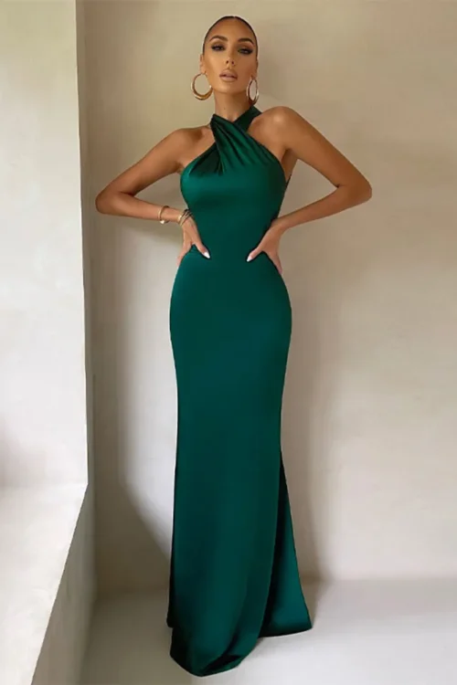 Women’s Party Dress Elegant Halter Neck Backless Sleeveless Solid Color Maxi Long Dress Banquet Cocktail Party