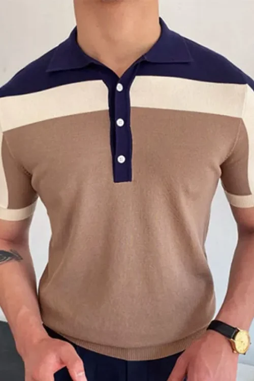 Men’s Color Block Simple Style Turndown Short Sleeve Regular Fit Men’s Tops