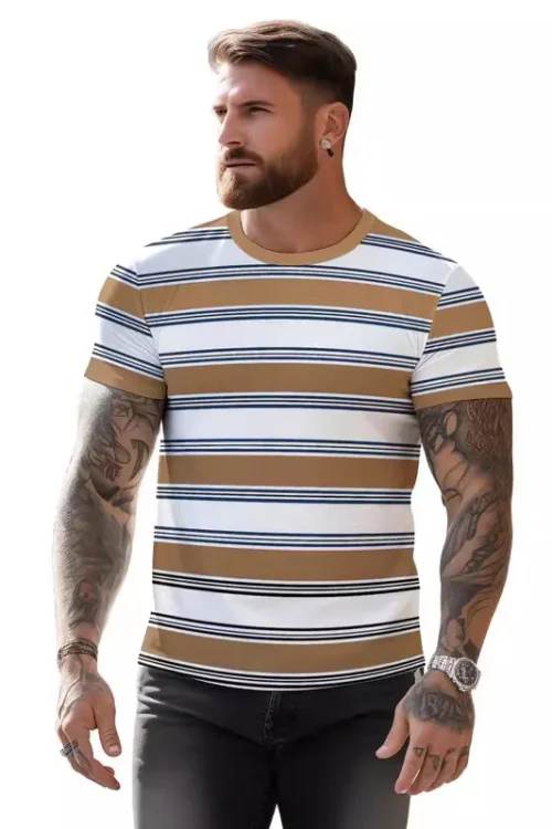 Men’s Stripe Streetwear Round Neck Short Sleeve Loose Men’s T-shirt