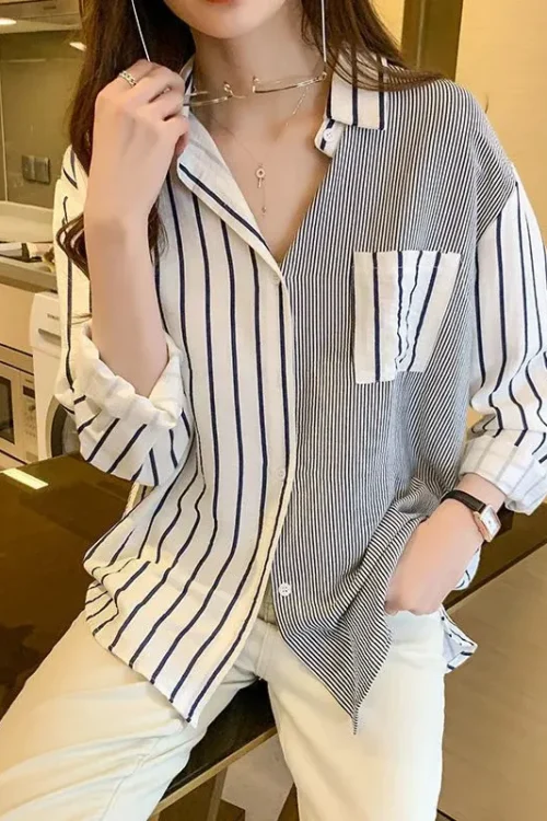 Women’s Blouse Long Sleeve Blouses Pocket Washed Button Simple Style Stripe Solid Color