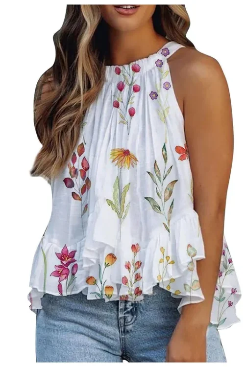 Women’s Chiffon Shirt Sleeveless Blouses Elegant Streetwear Gradient Color Flower