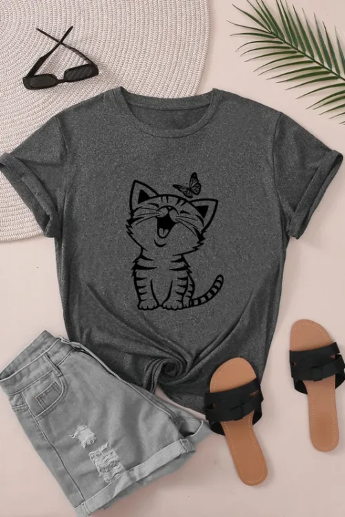 Women’s T-shirt Short Sleeve T-Shirts Round Casual Cat