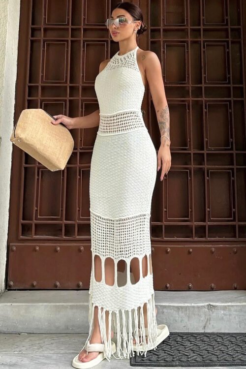 Women’s Fringe Dress Sexy Streetwear Halter Neck Tassel Hollow Out Sleeveless Solid Color Maxi Long Dress Holiday Street