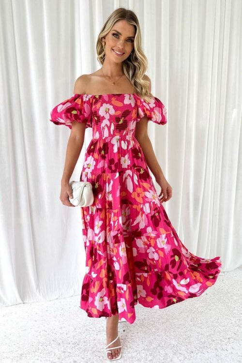 Classic Style Boat Neck Short Sleeve Flower Maxi Long Dress Travel Daily