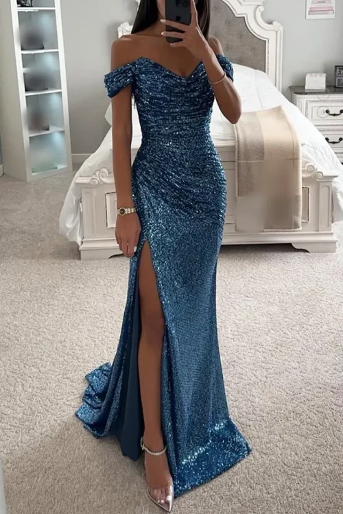 Women’s Party Dress Classic Style V Neck Sequins Slit Zipper Sleeveless Solid Color Maxi Long Dress Banquet Party