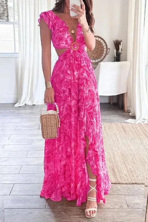 Women’s Regular Dress Maxi Dresses Casual V Neck Slit Ruffles Hollow Out Sleeveless Solid Color Flower Maxi Long Dress Daily