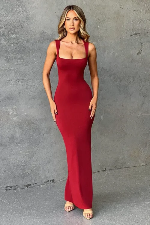 Women’s Sheath Dress Elegant Sexy Strap Square Neck Sleeveless Solid Color Maxi Long Dress Banquet Cocktail Party