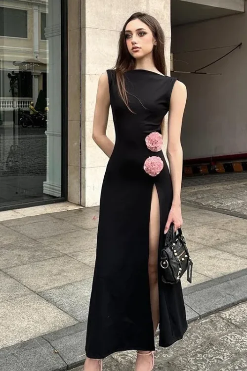 Women’s Slit Dress Sexy Streetwear Round Neck Sleeveless Flower Maxi Long Dress Holiday Cocktail Party