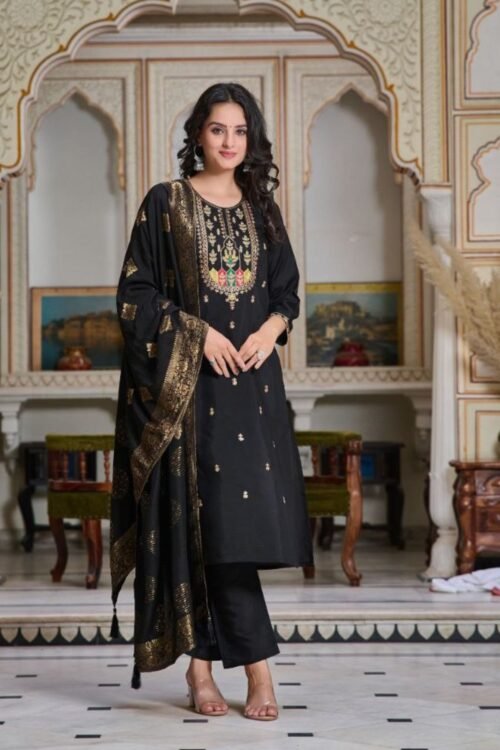 Black Color Chanderi With Embroidery Work Kurti Pant With Dupatta