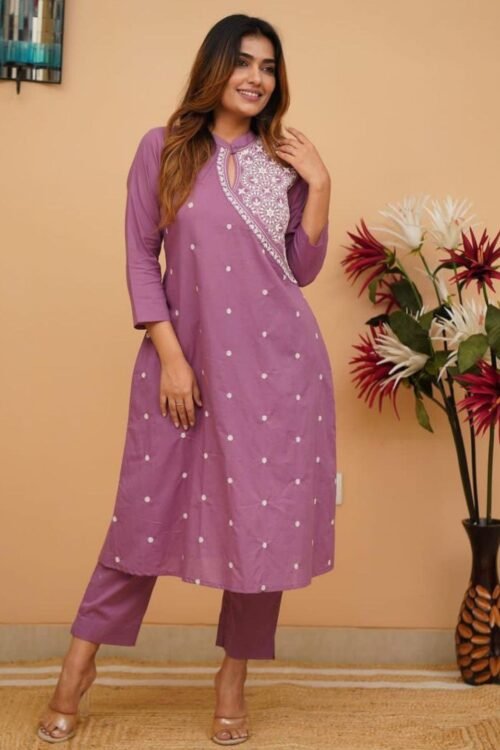 Womens Cotton Kurta With Thread Embroidery With Pant