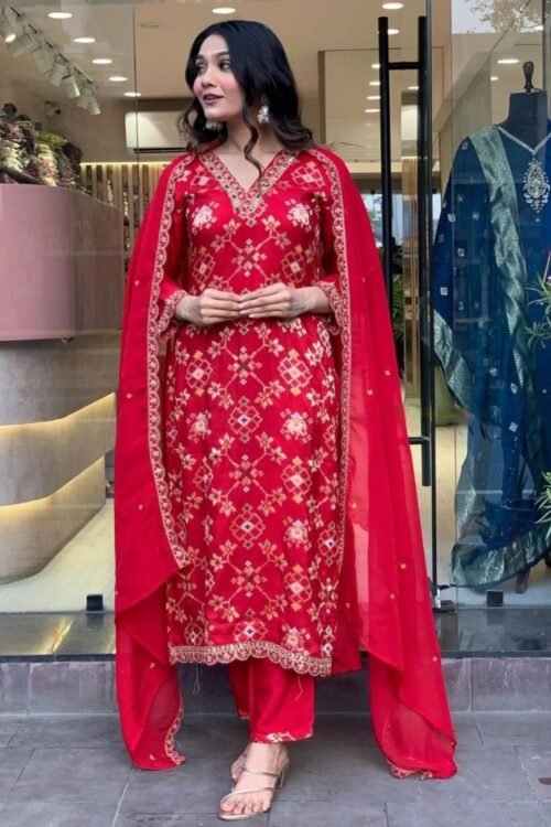 Red Color Embroidery Work Kurti Pant With Organza Dupatta