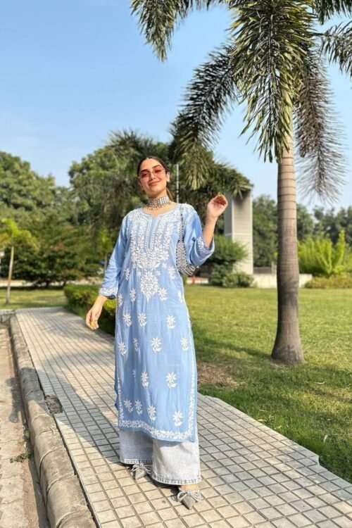 Sky Blue Rayon Casual Wear Lucknowi Work Kurti With Palazzo