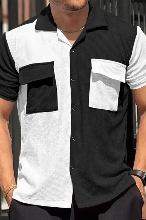 Men’s Color Block Streetwear Turndown Short Sleeve Loose Men’s Shirt