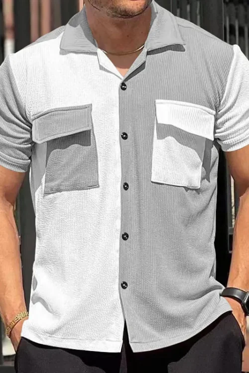 Men’s Color Block Streetwear Turndown Short Sleeve Loose Men’s Shirt