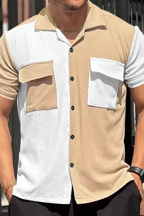 Men’s Color Block Streetwear Turndown Short Sleeve Loose Men’s Shirt