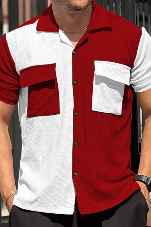 Men’s Color Block Streetwear Turndown Short Sleeve Loose Men’s Shirt