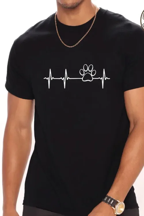 Men’s Electrocardiogram Paw Print Casual Round Neck Short Sleeve Regular Fit Men’s T-shirt