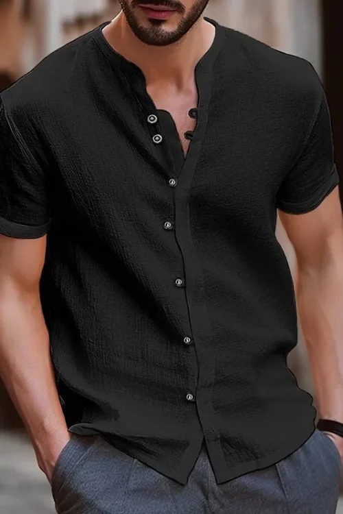 Men’s Solid Color British Style V Neck Short Sleeve Loose Men’s Shirt