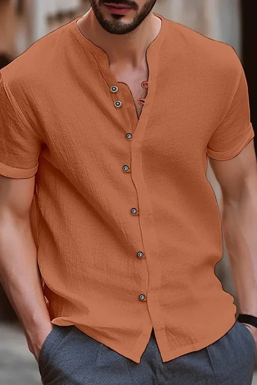 Men’s Solid Color British Style V Neck Short Sleeve Loose Men’s Shirt