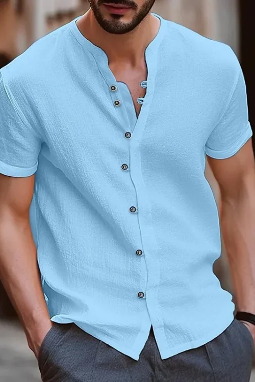 Men’s Solid Color British Style V Neck Short Sleeve Loose Men’s Shirt