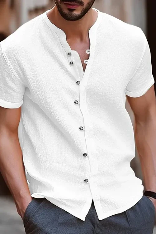 Men’s Solid Color British Style V Neck Short Sleeve Loose Men’s Shirt