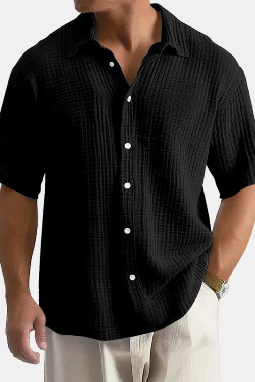 Men’s Solid Color Casual Shirt Collar Short Sleeve Loose Men’s Shirt