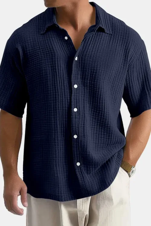 Men’s Solid Color Casual Shirt Collar Short Sleeve Loose Men’s Shirt