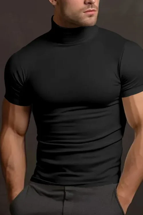 Men’s Solid Color Simple Style Turtleneck Short Sleeve Slim Men’s T-shirt