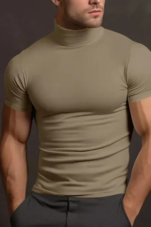 Men’s Solid Color Simple Style Turtleneck Short Sleeve Slim Men’s T-shirt