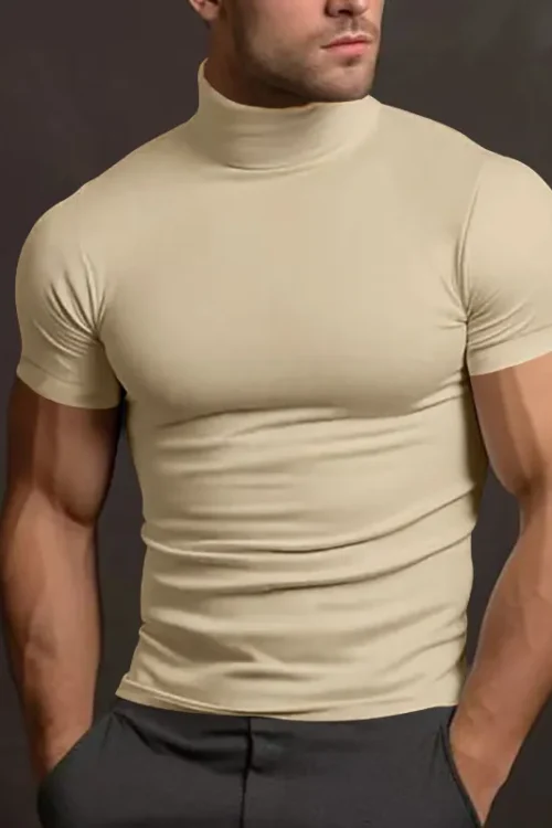 Men’s Solid Color Simple Style Turtleneck Short Sleeve Slim Men’s T-shirt