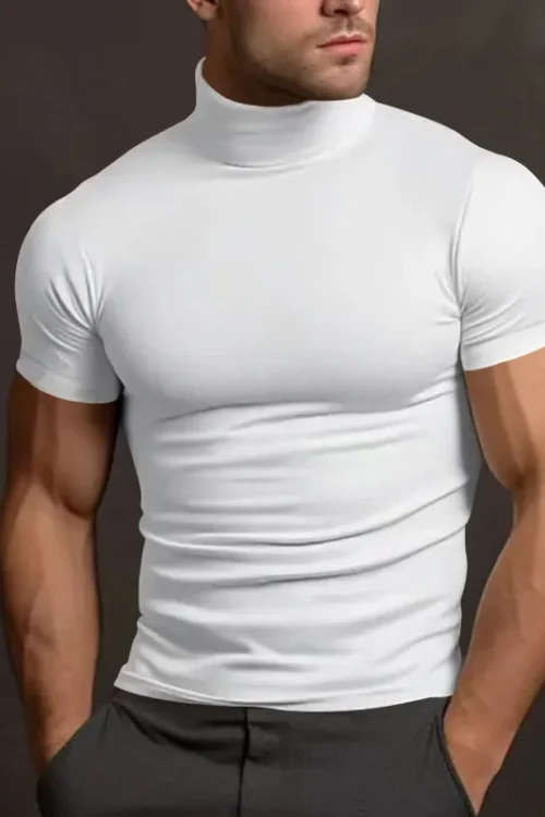 Men’s Solid Color Simple Style Turtleneck Short Sleeve Slim Men’s T-shirt