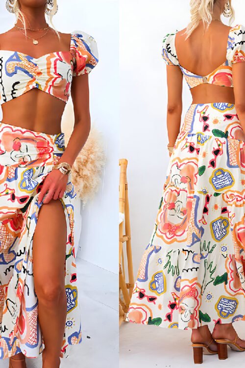 Holiday Beach Women’s Casual Graffiti Polyester Printing Skirt Sets Skirt Sets