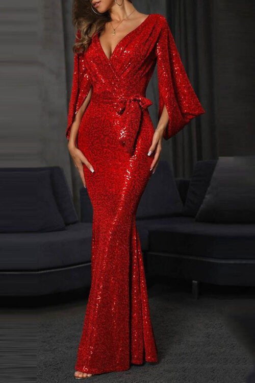 Women’s Pencil Skirt Fashion V Neck Sequins Slit Long Sleeve Solid Color Maxi Long Dress Banquet