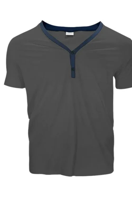 Summer Men’s Short-sleeved Henry Shirt Casual Men’s V-neck T-shirt Colorblock Top