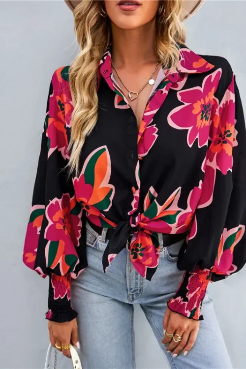 Women’s Blouse Long Sleeve Blouses Printing Casual Printing Plaid Flower