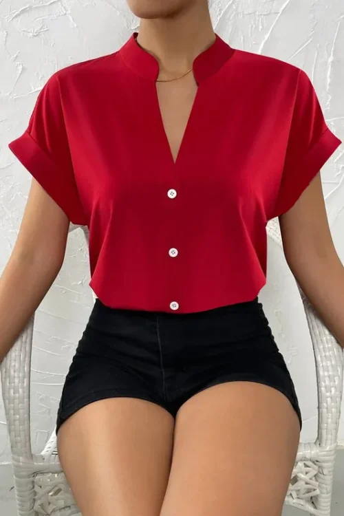 Women’s Blouse Short Sleeve Blouses Button Elegant Simple Style Solid Color