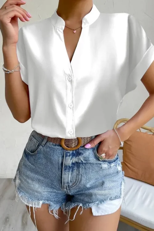 Women’s Blouse Short Sleeve Blouses Button Elegant Simple Style Solid Color