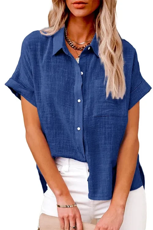 Women’s Blouse Short Sleeve Blouses Pocket Streetwear Solid Color