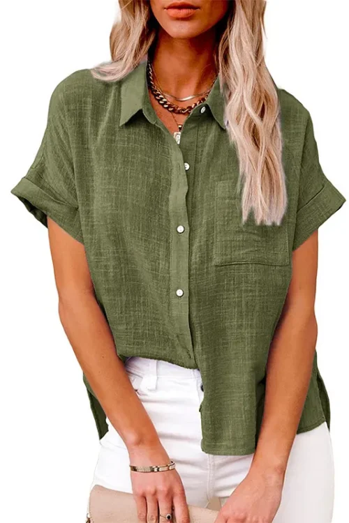 Women’s Blouse Short Sleeve Blouses Pocket Streetwear Solid Color