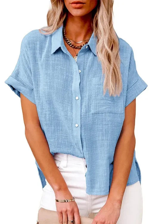 Women’s Blouse Short Sleeve Blouses Pocket Streetwear Solid Color