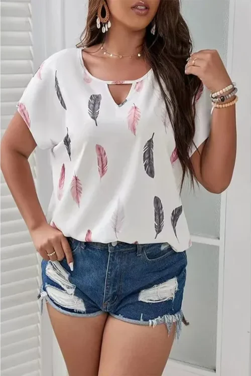 Women’s Blouse Short Sleeve Blouses Printing Casual Feather