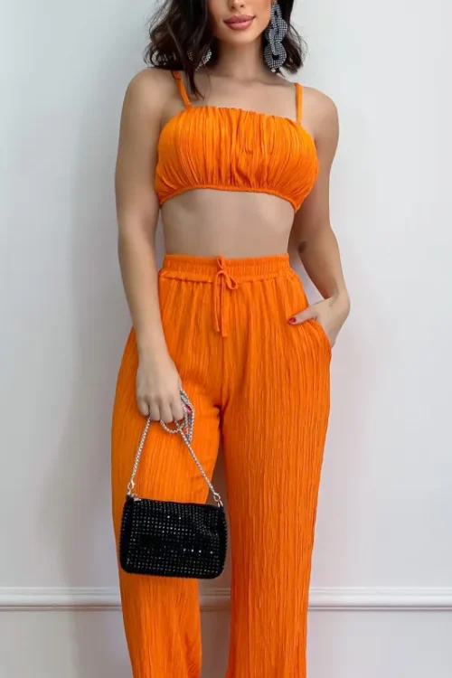 Simple Style Solid Color Polyester Pleated Pants Sets