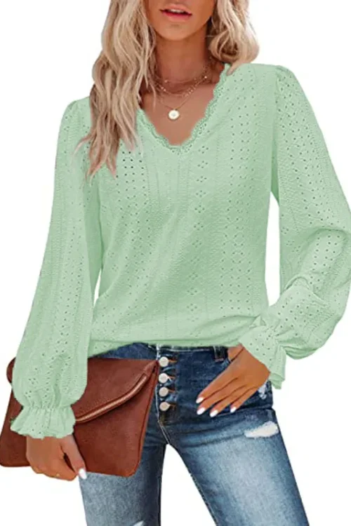 Women’s Chiffon Shirt Long Sleeve Blouses Elegant Solid Color Lace