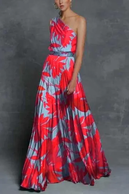 Women’s Elegant Oblique Collar Printing Patchwork Sleeveless Printing Maxi Long Dress Wedding Banquet