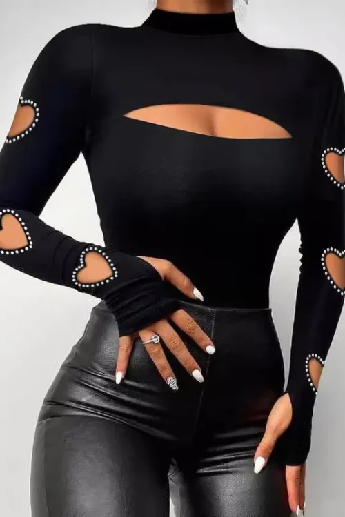 Women’s Eyelet Top Long Sleeve Blouses Beaded Lace Sexy Streetwear Heart Shape